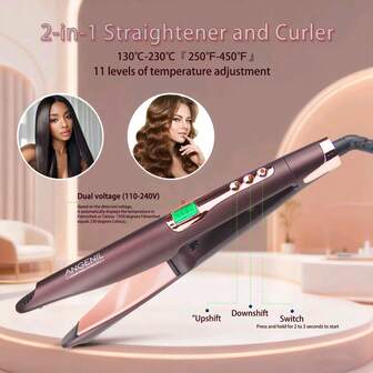  ANGENIL 2-In-1 Hair Straightener And Curler, Brown 1-Inch Styler, 130-230 Degrees Celsius, 11 Temperature Settings, Suitable For All Hair Types, Gift Choice