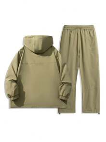 Plus Size Men's Casual Zip-Up Hooded Jacket And Pants Set, Autumn