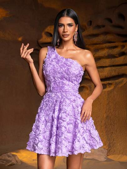 Faeriesty Stil Vår Sommar Ärmlös Miniklänning med Enaxlad Minikjol och 3D Blommig Brodering - Cocktailparty Bröllopsgäst Kväll, Examensgala Outfit För Dam