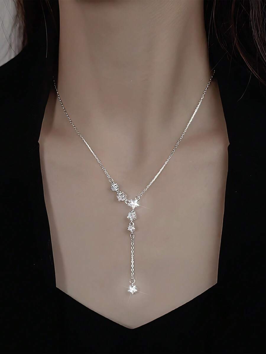 1件S925纯银奢华闪耀星形项链，独特锆石优雅高端星形流苏颈链，时尚精致项链礼品 - 星星 - 查看 1