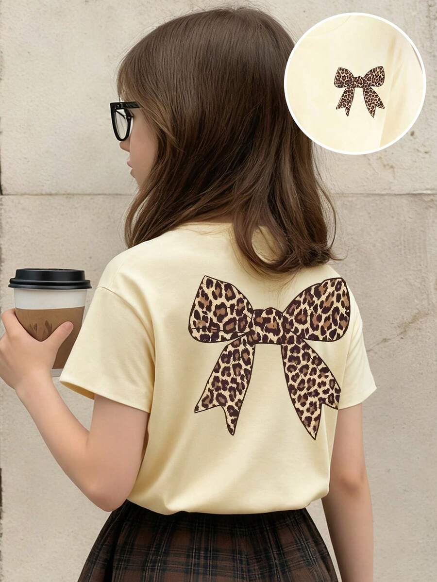 Young Girl Leopard Print Bow Graphic Short Sleeve Casual Round Neck T-Shirt - Apricot - View 1