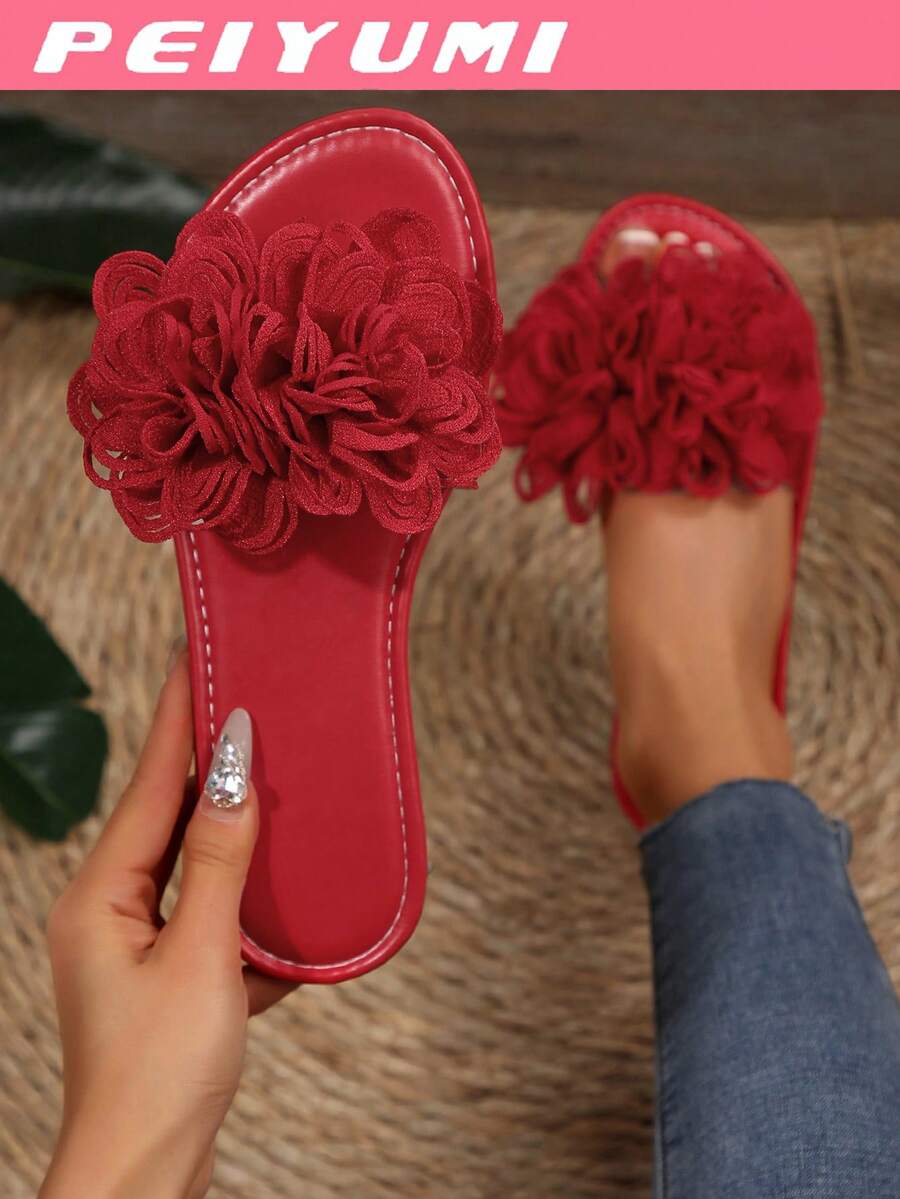 PEIYUMI Damen Große Größen elegante weiche französische Stil Flache Hausschuhe, offene Zehe Blumen Dekor Einzelriemen Sandalen, Sommer Lässig Mode Schuhe