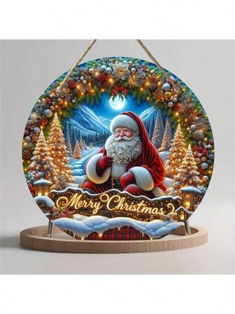 Merry Christmas Santa Claus Wooden Wreath Sign - Round Front Door Decor, Crafted Wall Hanging For Holiday & New Year, A Great Holiday Gift