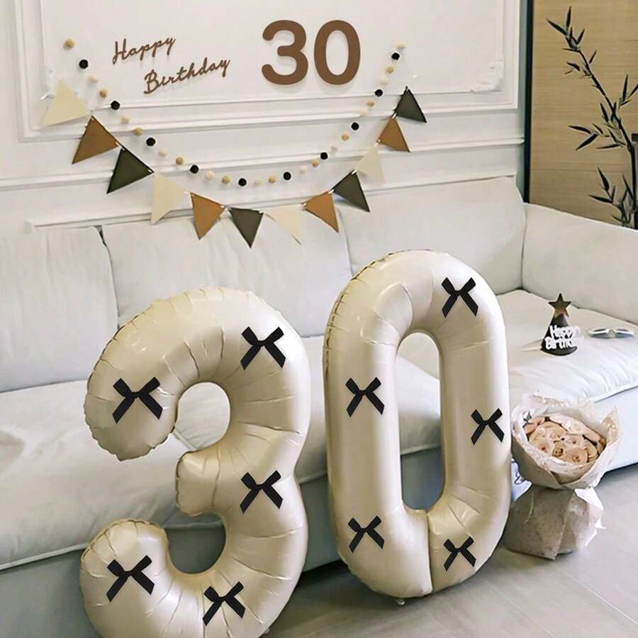1set 40-Inch White Black Bow-Adorned Number Balloon Decorations, Pink 0-9 Number Aluminum Balloon Decorations, Suitable For Birthdays, Parties, Valentine's Day, Anniversaries, Weddings, Background Room Decorations, Bow-Adorned Numbers, And New Year Decorations. - Milky White and Black - View 1