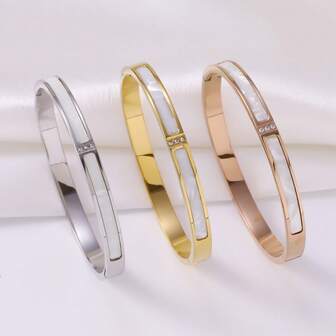 1件装不锈钢女士时尚三钻亚克力手镯，简约百搭欧美风格配饰