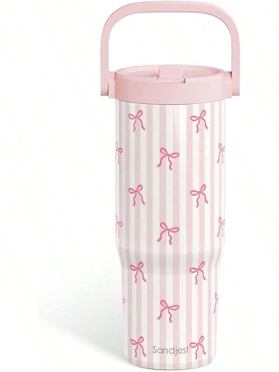 Pink Bow Stainless Steel Straw Lid Tumbler 30oz With Carry Handle For Women Girls, Insulated Travel Coffee Cup, Gift For Sports Outdoor Workout Christmas Birthday - 弓 1 - 查看 1