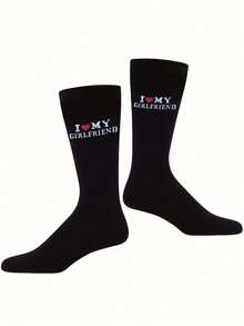 1 Pair "I Love My Girlfriend" Socks, Cute Gift For Boyfriend, Anniversary, Valentine's Day, Birthday, Funny Boyfriend Gift Idea, "I Love My Girlfriend" Socks, Socks For Men And Women - Black and White - View 6