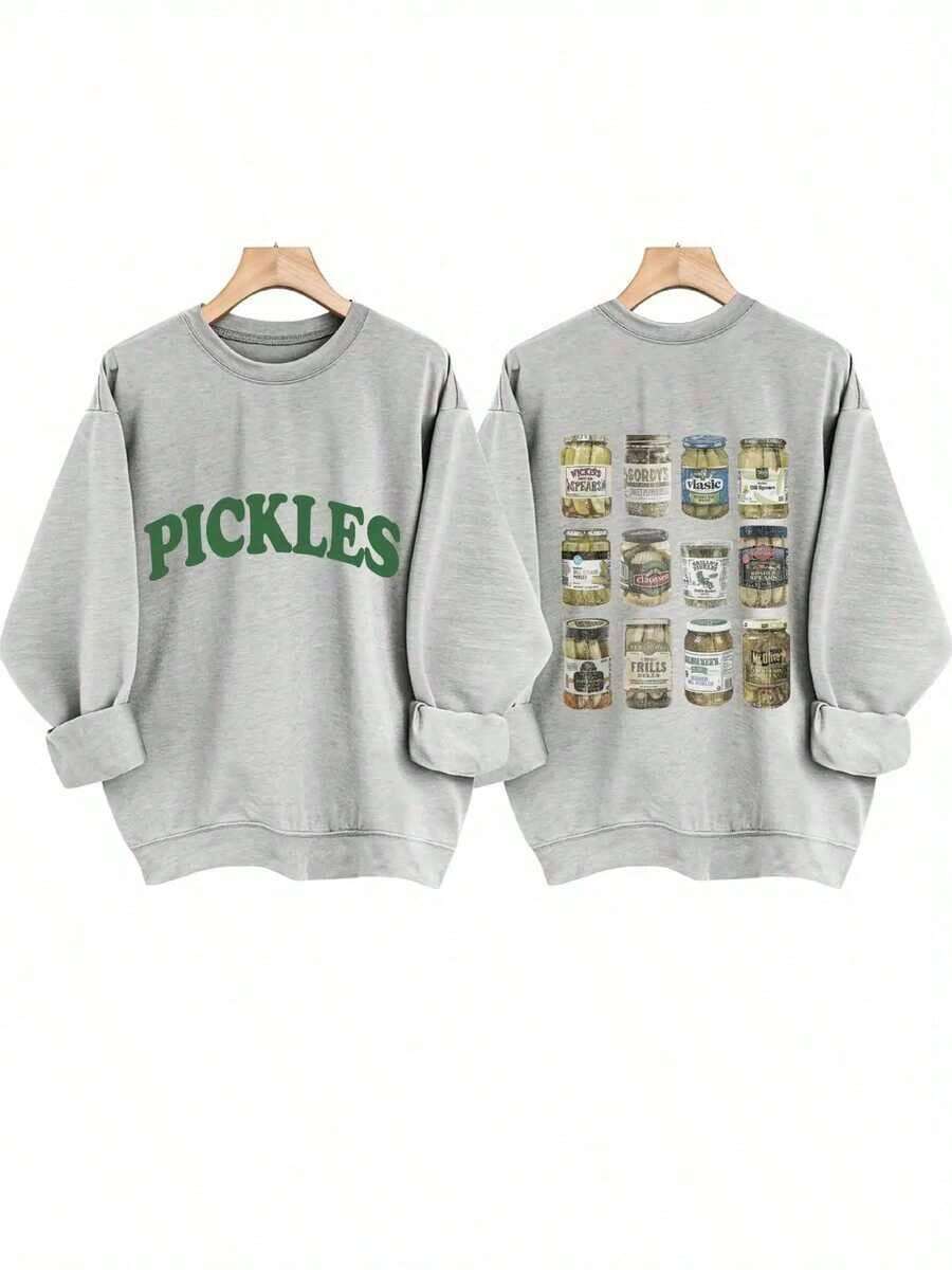 [Olive Green Sweatshirt] Soft Olive Green Crewneck Sweatshirt |     PICKLES Letter Print & Pickle Jar Graphic - Mid-Stretch Fabric, Machine Washable - 灰色 - 查看 1