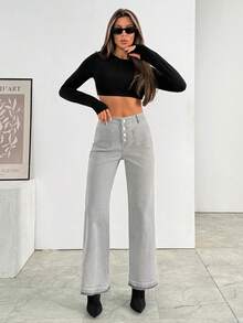 Cute High Waisted Grey Denim Jeans For Women Straight Wide Leg Long Trousers With Front Buttons - Light Grey - View 3