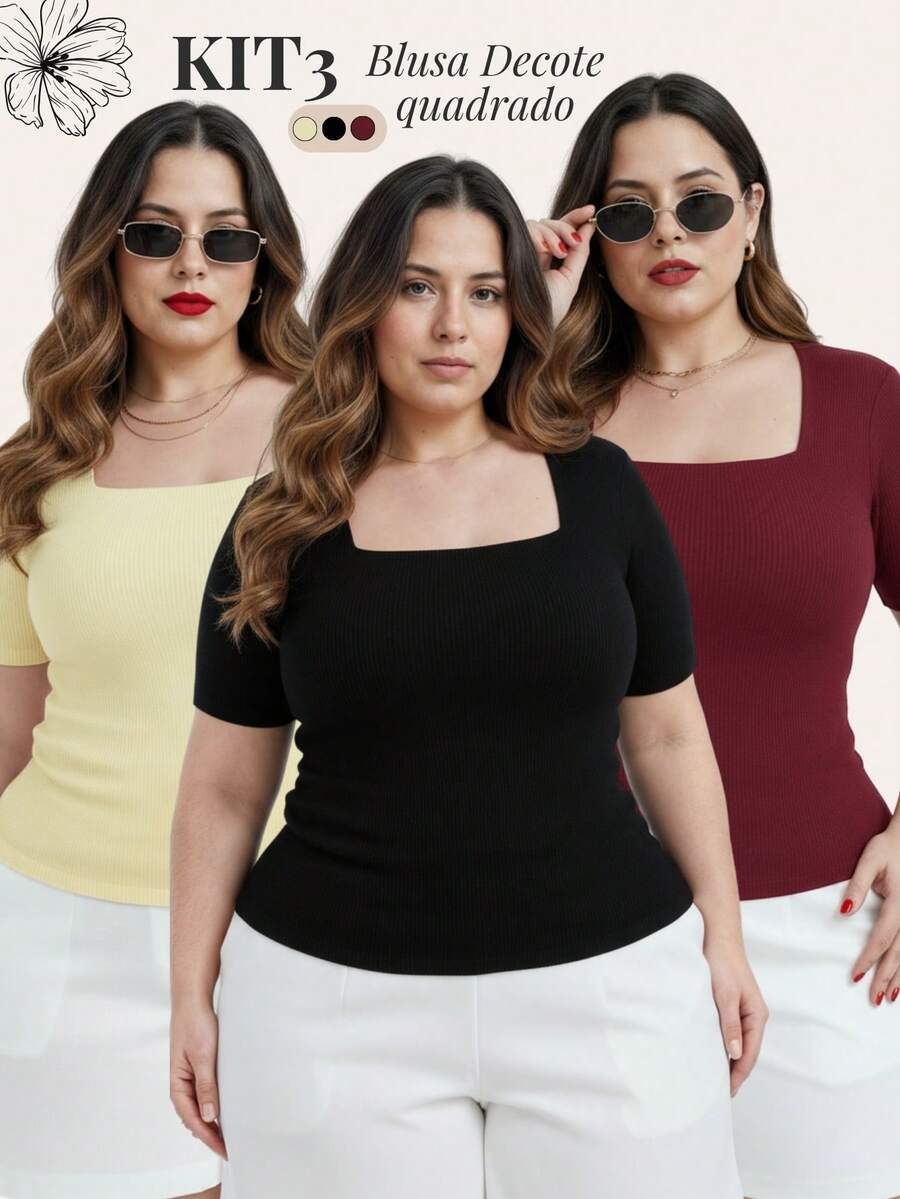 Set Of 3 Women's Plus Size Square Neck Blouses – Basic Premium Sizes G1 To G3 Simple None Workwear Office Beach Vacation - ĐEN VÀNG ĐỎ BURGUNDY - Xem 1