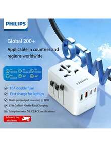PHILIPS Convertidor de energía universal SPB1008: rendimiento de carga de 65 W de alta eficiencia, tecnología de nitruro de galio, compatibilidad de enchufe global, diseño de viaje liviano. - Ver 2