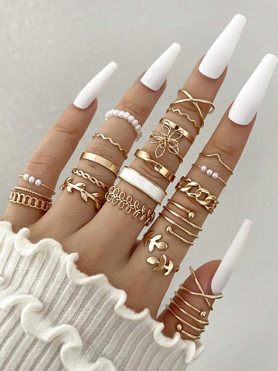 22pcs/Set Fashionable Faux Pearl Flower & Geometric Design Rings Set For Women - Yellow Gold - View 1