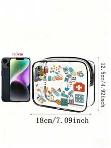 透明PVC便携式收纳袋，印有药品标签和药丸图案，医用收纳袋，大容量化妆品收纳包，防水，带拉链，化妆包，旅行收纳包，美容包，可收纳口红、化妆刷、护肤品、手机、零钱、小物件，旅行必备，轻便