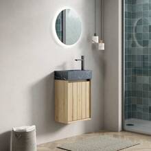 VITO 40cm Wall-Mounted Bathroom Sink With Undermount Sink In Black Marble With Stone Pattern, Solid Wood Cabinets With Stripes, One Door, Pre-Assembled, White Oak Grain Color - 1 - View 4