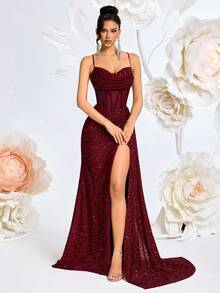 ADYCE 优雅吊带V领亮片网纱高腰长款飘逸高开衩露背交叉系带连衣裙，适合舞会、婚礼宾客、返校节、约会之夜、正式晚宴、生日派对、节日派对、家庭聚会、情人节等场合。 - 酒紅色 - 查看 9