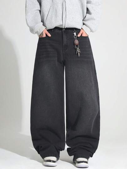 1 pieza Pantalones vaqueros holgados y lavados de estilo casual y ancho para hombre de la marca Justice Brother (cinturón y accesorios no incluidos)