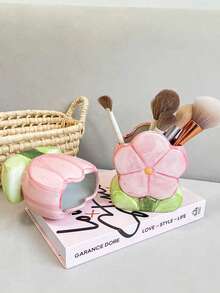 1个郁金香陶瓷笔筒，化妆刷收纳罐，陶瓷桌面装饰品，办公桌收纳盒，文具收纳桶，化妆品整理盒，美容院装饰品 - 彩色 - 查看 3