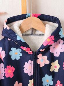 Ciepła, gruba kurtka termiczna z kapturem i nadrukiem w kwiaty dla nastolatek