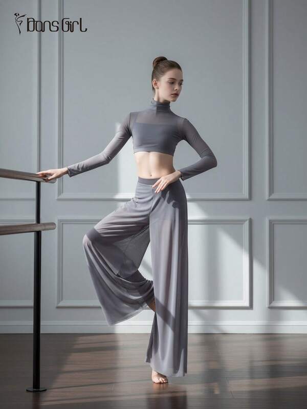 DonsGirl Conjunto de top corto de cuello alto y pantalones anchos de malla elástica ultra suave para mujer - Conjunto de moda gris para yoga aéreo, danza contemporánea/clásica de ballet como disfraz de actuación