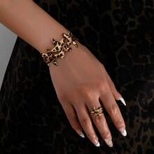 2pcs European & American Exaggerated Leopard Print Asymmetrical Geometric Open Bangle & Ring Set - Multicolor - View 3