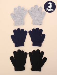 3 Paar einfarbige Kinderhandschuhe, Kinder Winter Vollfingerhandschuhe gestrickt, Kinder elastische warme Handschuhe, Unisex Jungen & Mädchen, Schwarz - Stil 1 - Übersicht 9