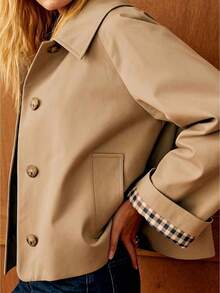 Women's Khaki Short Windbreaker With Plaid Lining Lapel Button Up Long Sleeve Coat Spring Retro Casual Jacket For Daily Outing Office Travel Jackets For Women Dressy - 卡其色 - 查看 6