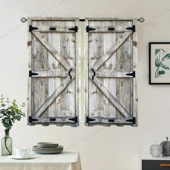 2pcs Country Style Sheer Linen Barn Door Curtain Panels With Rod Pocket For Kitchen, Living Room, Office, Bedroom - Farmhouse Home Decor