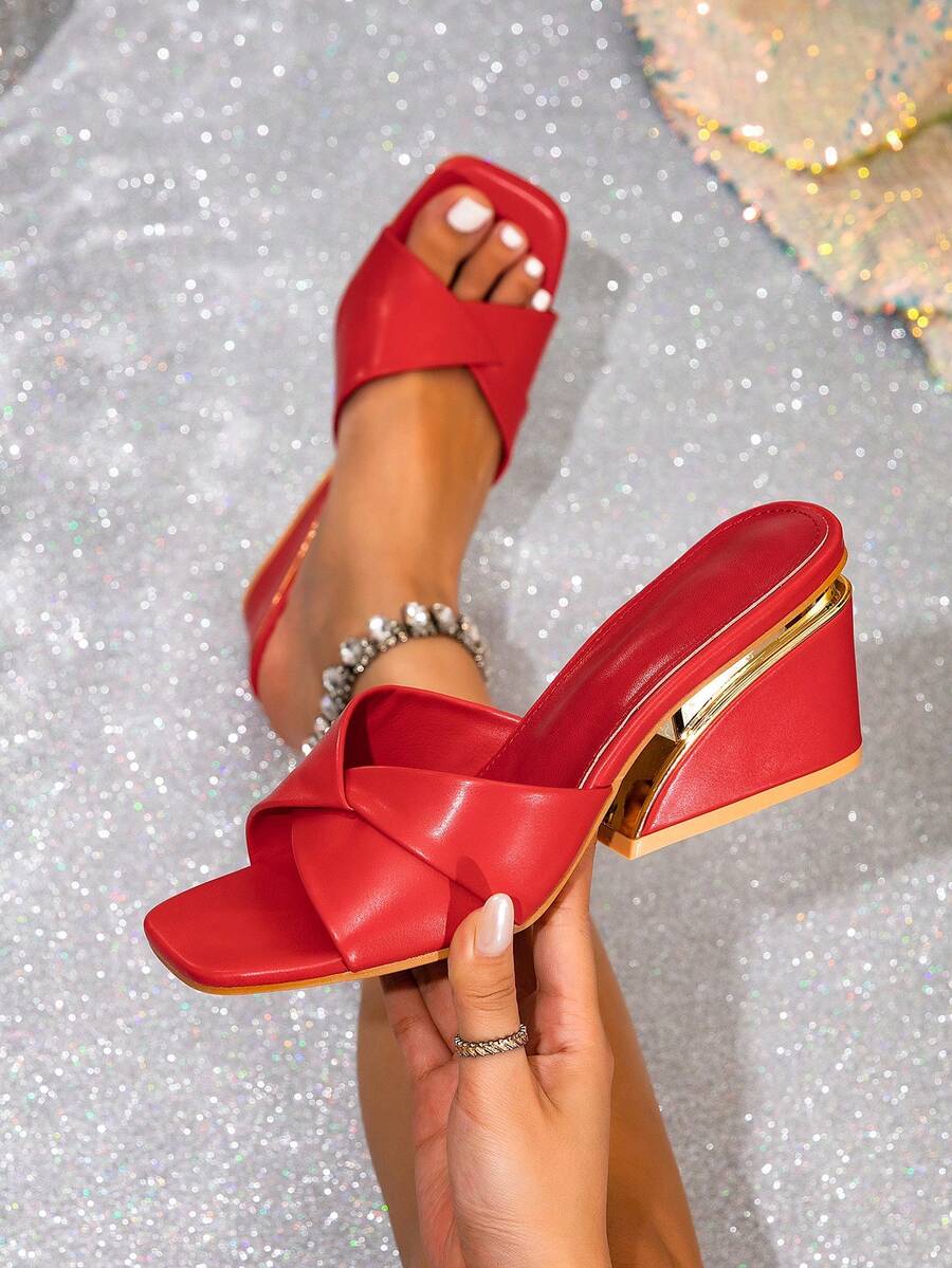 2025 New Summer Open Toe Chunky Heel Sandals, Fashionable Square Toe Design, Versatile - Red - View 1