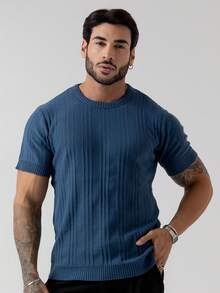 TRICOT DE LUXO Men's T-Shirt/Knit Sweater With Embossed Details, Chic, Lightweight, Textured, High Quality, Spring, Summer, Autumn - 霧霾藍 - 查看 7
