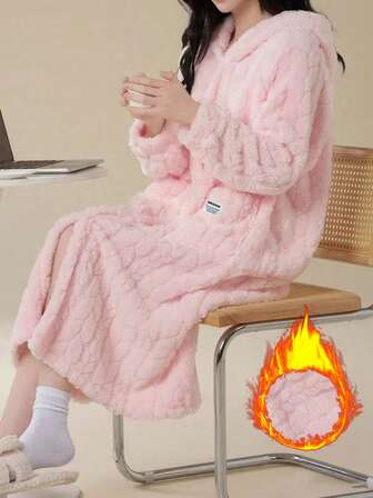 1pc Solid Color Wool Jacquard Casual Robe, Autumn/Winter Warm Thermal Lined Long Sleeve Flannel Hooded Loose Robe/Fluffy Bathrobe With Pockets, Women Sleepwear, Fall, Cozy