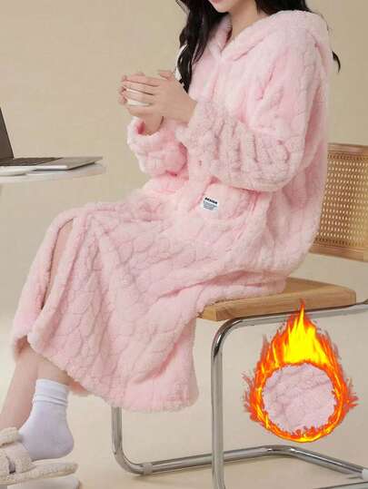 1pc Solid Color Wool Jacquard Casual Robe, Autumn/Winter Warm Thermal Lined Long Sleeve Flannel Hooded Loose Robe/Fluffy Bathrobe With Pockets, Women Sleepwear, Fall