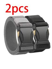 2 piezas/1 pieza Cinturón de lona para hombres con hebilla de liberación rápida, cinturón táctico para pantalones casuales y deportes al aire libre, regalo de cumpleaños ideal para hombres, ajuste regular, color negro, hebilla de plástico, talla grande, material de lona resistente, unicolor casual