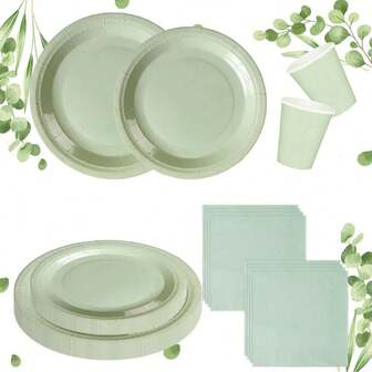 24 delar salviagrönt tema festtillbehör set, salviagrönt examensfestset, inkluderar 7/9-tums festtallrikar, festservetter, festmuggar, lämplig för födelsedagsfest, familjesammankomst, utomhuspicknick, födelsedagsfestdekorationer, bröllops- och förlovningsceremonidekorationer, festdekorationset