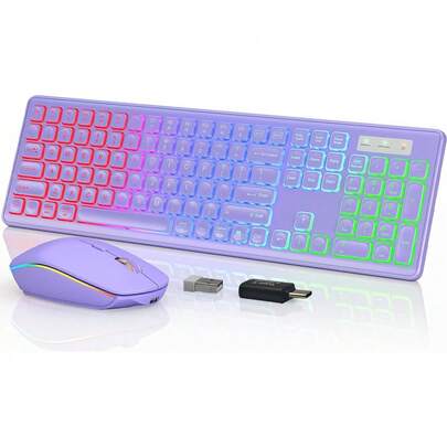 JOMAA Purple Wireless Keyboard And Mouse Combo RGB Backlit, Rechargeable & Light Up Letters, Full-Size, Ergonomic Tilt Angle, Sleep Mode, 2.4GHz Quiet Purple Keyboard Mouse For Windows, Laptop, PC