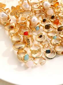 20/15/11/6件套复古优雅波西米亚风戒指，女士款，包含不规则珍珠、彩色猫眼石、虎眼石、向日葵、海星、贝壳、几何设计元素，适合日常、度假、婚礼、派对佩戴、送礼（随机搭配） - 金色 - 查看 7