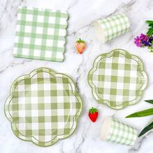 8 piezas Juego de platos, servilletas y vasos desechables con forma de pétalo a cuadros verdes, adecuado para 8 invitados, vajilla desechable de papel para fiestas, cumpleaños, bodas, eventos temáticos, picnics familiares - Multicolor - Ver 4