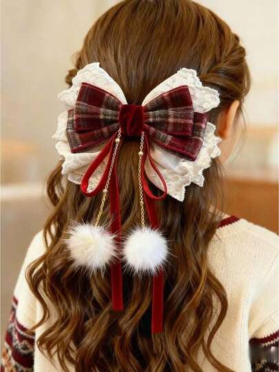 1件装 女孩优雅甜美复古红色格子蝴蝶结发饰，蕾丝天鹅绒蝴蝶结珍珠绒球装饰丝带发夹