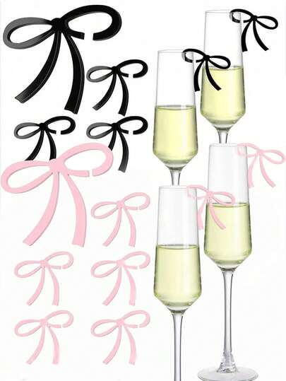10pcs Valentine's Day Black&Pink Bows Drink Tags Bow WineGlass Charms Acrylic Bowknot Drink Tag For Bachelorette Birthday Wedding TastingParty Decor Accessory
