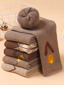 1/5 Pairs Women Plaid & Tulip Pattern Thermal Lined Warm Comfortable Casual Mid-Calf Socks