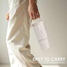 Pink Bow Stainless Steel Straw Lid Tumbler 30oz With Carry Handle For Women Girls, Insulated Travel Coffee Cup, Gift For Sports Outdoor Workout Christmas Birthday - 豹紋3 - 查看 5