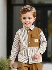 2pcs Toddler Boys' Spring/Autumn Long Sleeve Shirt And Casual Cargo Pants Set, Fashion Striped Patchwork Design, Versatile Everyday Outfit