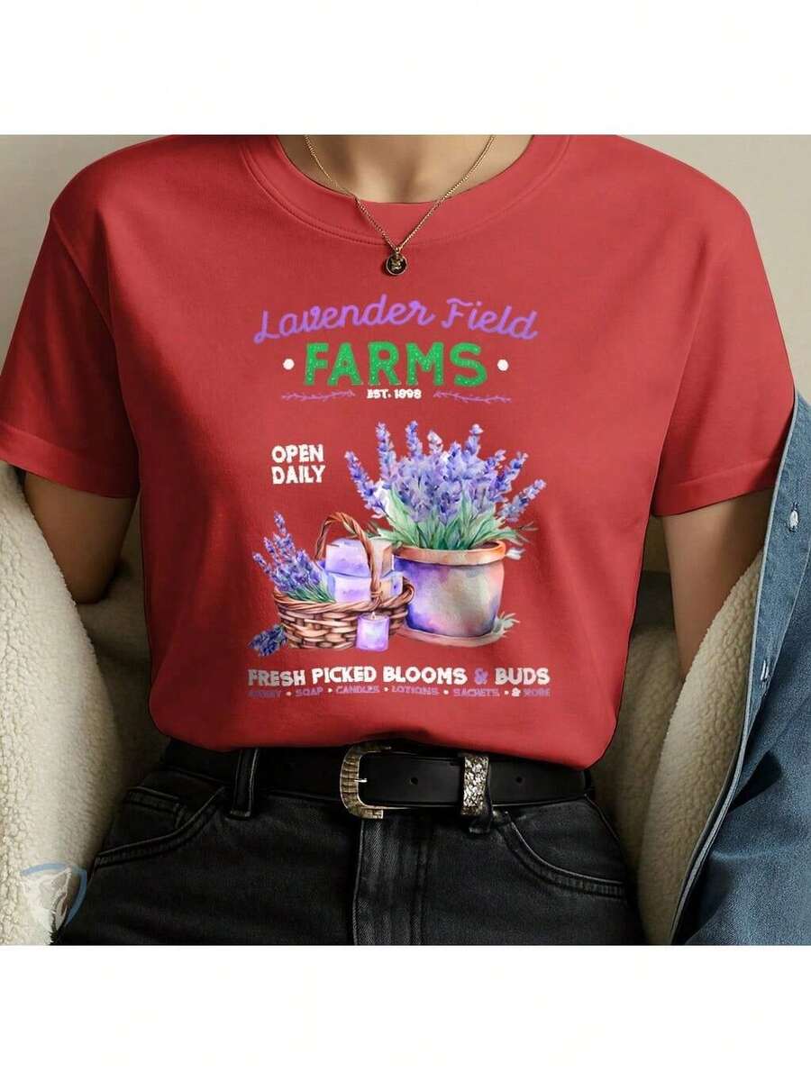 Lavender Field T-Shirt | Artistic Print With Flowers And Countryside Scent - Merah - View 1