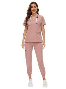 Surgical Uniforms Woman Scrub Set Nurse Beauty Salon Workwear Clinical Scrubs Top Pants Sets Spa Doctor Nursing Clinical Suit - Hồng - Xem 8
