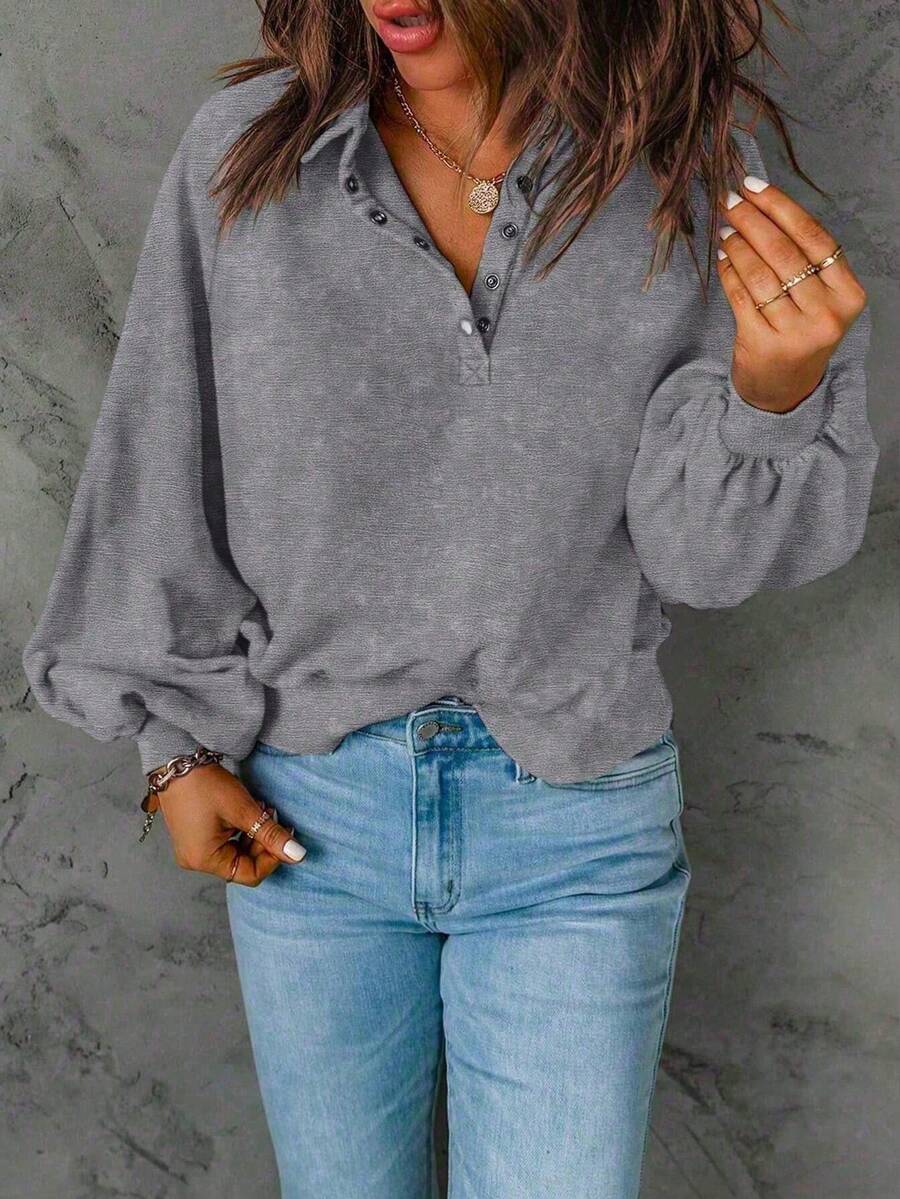 Plus Size Women's Solid Color Button Lantern Sleeve T-Shirt - Dark Grey - View 1