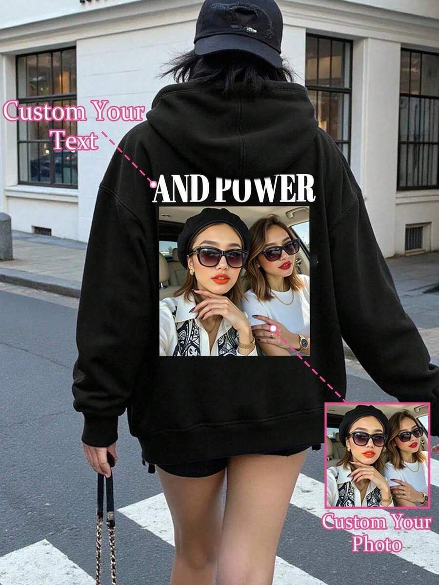 DIY Workshop: A Customizable Women's Hoodie With Photos And Text. Personalize It With Lucky Numbers And Blessings. Perfect For Yourself, Your Partner, Family, Pets, Or Friends. Ideal For Halloween, Christmas, Back-To-School, Fall/Winter Wear, Holiday Gifts, Birthday Presents, And Parties. Plus-Size Women's Winter Hoodie. - Black - View 1
