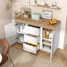 Chest Of Drawers With 3 Drawers And 2 Doors, Locker, Storage Function, For Bedroom And Living Room, E1 Chipboard, White+Oak - 白色 - 查看 2