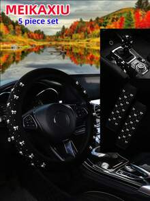 MEIKAXIU Bling Bling Bowknot Foil Decor Car Accessories Set, Including Steering Wheel Cover, Handbrake Cover, Gear Shift Cover, Shoulder Pad, Armrest Pad, Headrest Pad, Cup Holder Mat, Suitable For Women - Gold-stamped Small Bow - View 49
