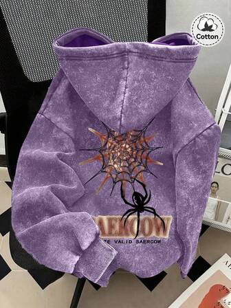 קפוצ'ון לגברים עם הדפס Street Spider, ג'קט קז'ואל סגול עם שרוולים ארוכים ובריפוד, בטנה תרמית, ג'קט בצבע סגול, מתאים ללבישה יומיומית ולבית הספר