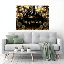 Customizable Name Black Gold Balloon Happy Birthday Backdrop Glitter Sequins Balloon Gold Fireworks Design Perfect For Birthday Parties, Cake Smash Backdrops, Decorations, Photography Banners, Vinyl - F - View 8