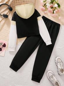 2pcs Girls Casual Cute Sweatshirt & Pants Set, Autumn/Winter - Apricot - View 2